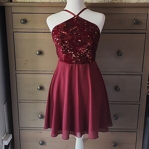 Lulus Time of Love Burgundy Sequin Halter Skater Dress Velvet & Chiffon